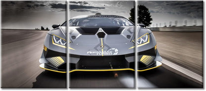 TUMOVO Wall Decor Gray Sports Car on the Road Canvas Wall Art Supercar Modern Artwork for Office Speed Racing Car Picture Print on Canvas 3 Panels Framed Ready to Hang for Living Bedroom, 36" Wx16 H