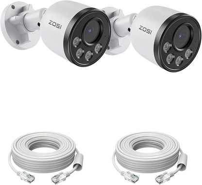 ZOSI 2PK 4MP Add-on Camera with Ethernet Cables,Outdoor PoE Security Camera with Audio,Night Vision,Smart Human Detection,IP66 Weatherproof,Remote Access,Only Work PoE NVR System
