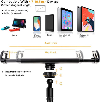 Gooseneck Tablet Phone Holder | Kindle Stand Holder for Bed | 33in Flexible Long Arm Clamp Clip Mount for iPhone, iPad, Switch, Galaxy Tabs, Kindle Fire, 4.7''-11'' Tablet Devices