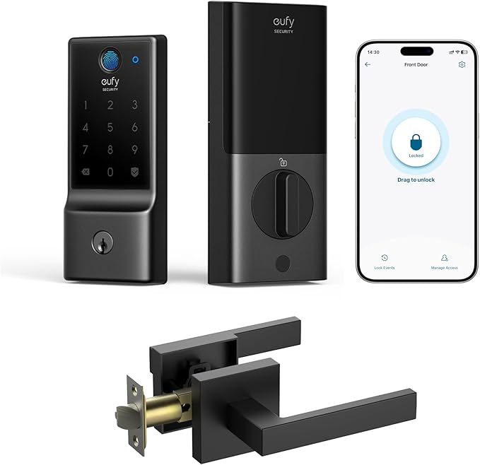 eufy Security Smart Lock C220 with Door Lever, Fingerprint Keyless Entry Door Lock, Built-in Wi-Fi, App Remote Control, Front Door Deadbolt, 8 Months Battery, Reliable Power, IP53 Waterproof