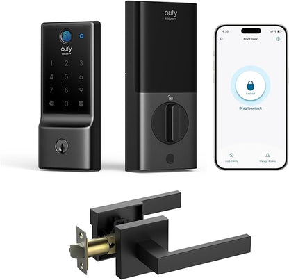 eufy Security Smart Lock C220 with Door Lever, Fingerprint Keyless Entry Door Lock, Built-in Wi-Fi, App Remote Control, Front Door Deadbolt, 8 Months Battery, Reliable Power, IP53 Waterproof