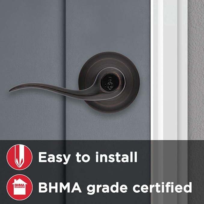 Kwikset Tustin Entry Door Handle with Lock and Key, Secure Keyed Reversible Lever Exterior, For Front Entrance and Bedrooms, Venetian Bronze, Pick Resistant Smartkey Rekey Security and Microban