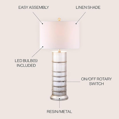 JONATHAN Y 30.75" Silver Leaf Resin Table Lamp, Modern Farmhouse Wrapped Rope Bedside Lamp for Living Room Bedroom, White Linen Drum Shade, UL Listed, LED Bulb Included JYL1012A