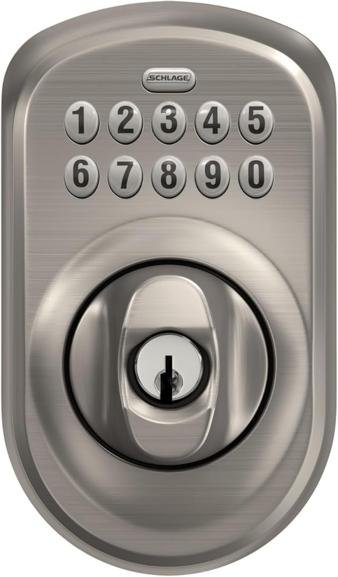 Schlage BE365 PLY 619 Plymouth Keypad Deadbolt, Electronic Keyless Entry Lock, Satin Nickel