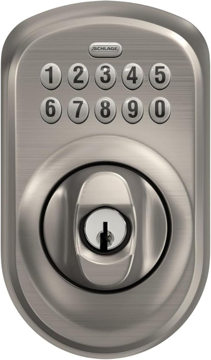 Schlage BE365 PLY 619 Plymouth Keypad Deadbolt, Electronic Keyless Entry Lock, Satin Nickel