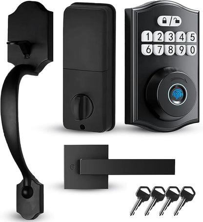 Keypad & Fingerprint Keyless Entry Front Door Lock with Handle Set, Digital Electronic Deadbolt Code Lock for Exterior Door, Auto Lock, One Time Code, Anti Peeping, Holiday & Silent Mode