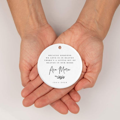 Andaz Press Personalized Round Ceramic Porcelain Christmas Ornament Keepsake Beareavement Memorial Gift, Because Someone We Love is in Heaven Ava Maria Carter 1944-2024, Antique Handdrawn, 1-Pack