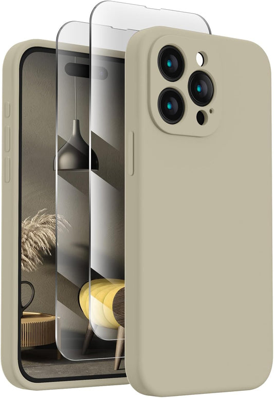 FireNova Designed for iPhone 15 Pro Case, Silicone Upgraded [Camera Protection] Phone Case with [2 Screen Protectors], Soft Anti-Scratch Microfiber Lining Inside, 6.1 inch, Khaki