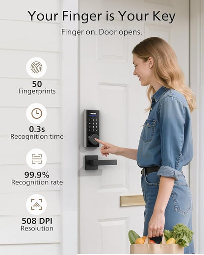 Philips Fingerprint Smart Lock, Keyless Entry Door Lock, Smart Door Locks for Front Door, Keypad Deadbolt, APP Control, 9-Month Long Battery
