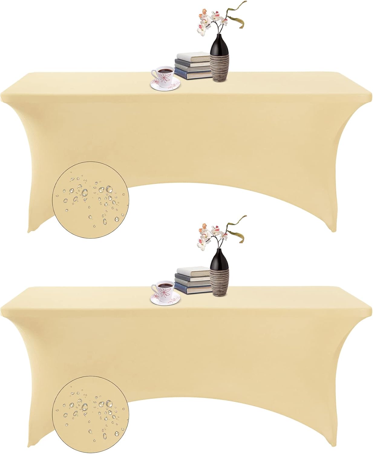 2Pack Spandex Waterproof Table Covers 6ft，Spandex 6ft Waterproof Table Cover for Party,Wedding, Banquet, and Events(Champagne)