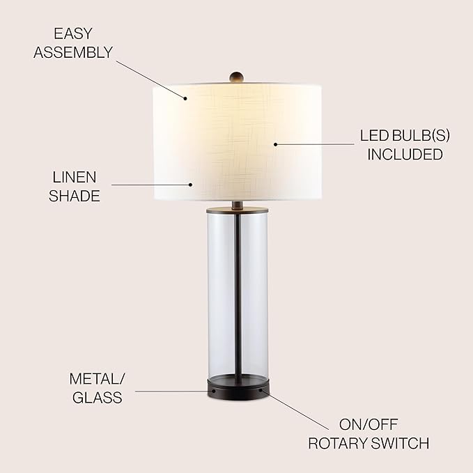 JONATHAN Y 29" Oil Rubbed Bronze/Clear Modern Glass Table Lamp for Living Room Bedroom, Minimalist Nightstand Bedside Lamp, White Linen Drum Shade, LED Bulb Included (JYL2005B)