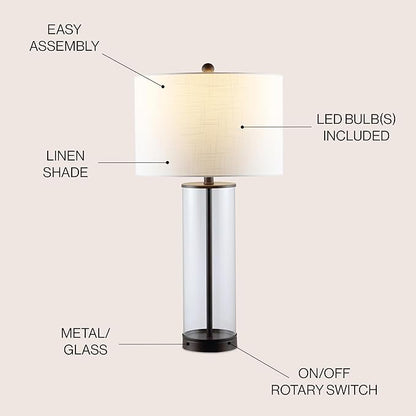 JONATHAN Y 29" Oil Rubbed Bronze/Clear Modern Glass Table Lamp for Living Room Bedroom, Minimalist Nightstand Bedside Lamp, White Linen Drum Shade, LED Bulb Included (JYL2005B)