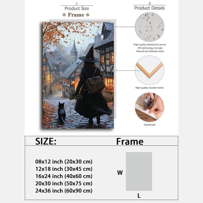 Autumn Witch And Black Cat Picture Wall Decor,Halloween Canvas Vintage Rustic Wall Art,Preppy Bedroom Living Room Bathroom Poster Print,20"x30" Framed