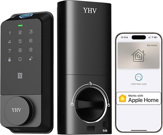 Smart Door Lock with Apple Home Ecosystem Fingerprint Keyless Entry Door Lock Safety Keypad Deadbolt with Code, Built-in Wi-Fi, IP65, Supports Apple Homekit, Alexa, Google for Front Door or Back