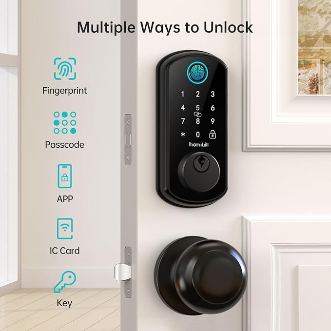 WiFi Smart Door Lock Set: Hornbill Keyless Entry Door Lock Deadbolt with Handle Set Fingerprint Front Door Lock with 2 Knobs Alexa Bluetooth Remote Code Auto Lock for Home Hotel Security Black