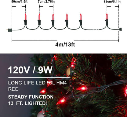 Hopolon 50 Red Christmas Lights, 2PACK Green Wire 13 Feet Long String Lights Set for Outdoor Indoor Décor, Valentines Day, Wedding, Halloween, Christmas Trees, Holiday Lighting Decor(2pcs Red)