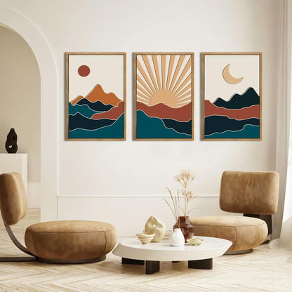 Large Boho Mountain Wall Art Set Modern Abstract Bohemian Wood Wall Decor Colorful Mid Century Neutral Artwork Sun and Moon Art Decor for Living Room Bedroom Office-16x24Inch x3