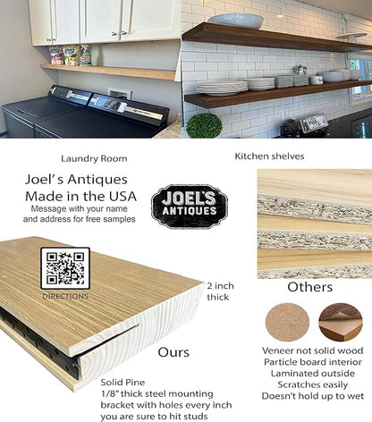 joelsantiques - 18 Inch Wooden Floating Shelves for Wall - 18x6x2 in - Made of Natural Wood - Short Heavy Duty Rustic Wall Shelves for Bedroom - Perfect for Bathroom, Kitchen - Natural