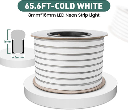 GZBtech Flexible LED Neon Rope Lights 66FT,AC 110-120V Waterproof Strip Light, 120 LEDs/M Cuttable Connectable Neon Lighting for Indoor Outdoor Home Decor/Commercial Building Use-Cold White 20M
