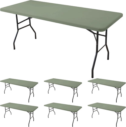 Fitted Tablecloth for 8 Foot Rectangle Tables-6 Pack Sage Elastic Outdoor Picnic Table Cover-Spandex Stretch Folding Table Cloths 8ft for Camping Dining Room Patio Kitchen Banquet Party