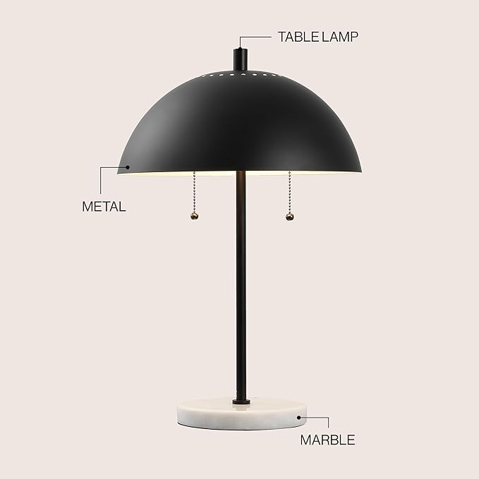 JONATHAN Y 20.75" Black/White Marble 2-Light LED Table Lamp for Modern Bedside Decor, Glam Desk Lamp, Gold Metal Dome Shade, Pull Chain Switch, Bulbs Included (JYL1071B)