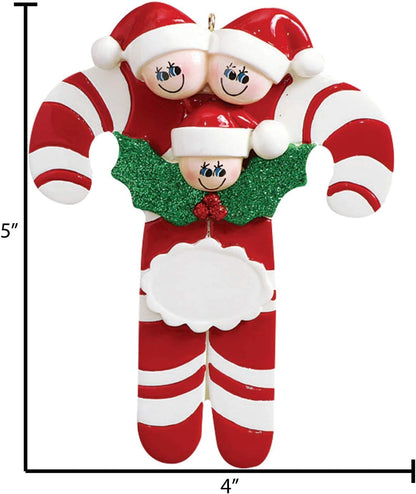 Candy Cane Family of 3 Ornament 2025 Personalized Family Christmas Ornaments 2025 | Holiday Keepsake Holly Berries Personalized Tree Ornaments for Grandchildren, Siblings & Grandkids of Three Ornament