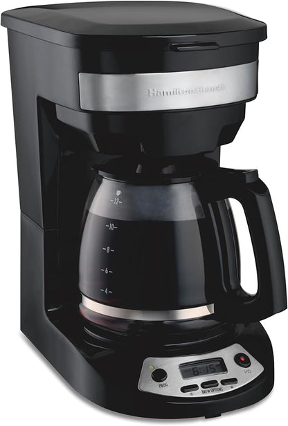 Hamilton Beach 12 Cup Programmable Drip Coffee Maker Machine, Regular & Bold Brew Options, Auto Pause and Pour, Glass Carafe, Black with Stainless Accents (46299J)