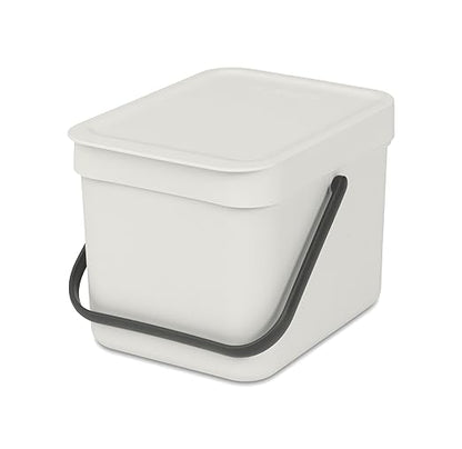 Brabantia Sort & Go Kitchen Countertop Food Scraps Compost Bin | XS / 1.6 Gal / 6L | Light Gray | Removable Stay-Open Lid, Carry Handle, Easy-Clean Recycling Box | Wall-Mounting Bracket Included