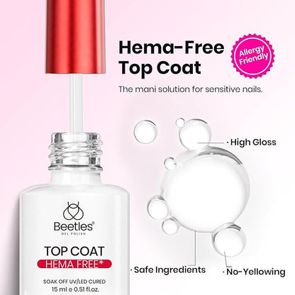 Beetles 3Pcs 15ml HEMA-Free Nail Glue Top Coat & Base Gel Set, TPO Free No Wipe Top Coat Base Nail Glue Gel for False Nails, Shine Effect Long Lasting Nail Extension DIY Salon Home, U V Light Required