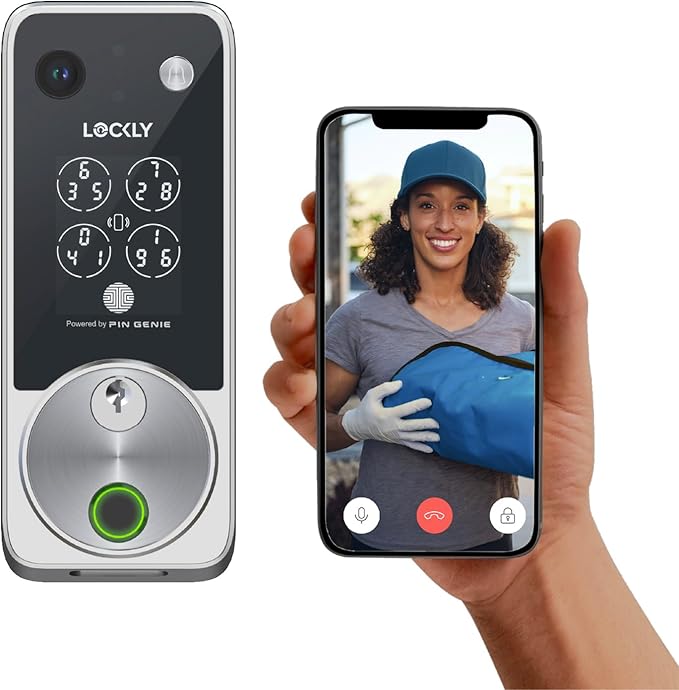 Lockly Vision Zeno Smart Lock with Video Doorbell Camera, Fingerprint Keyless Entry with Apple Home Key, Wi-Fi Deadbolt for Front Door, PIN Genie Keypad, App Remote Control, 2 Rechargeable Batteries