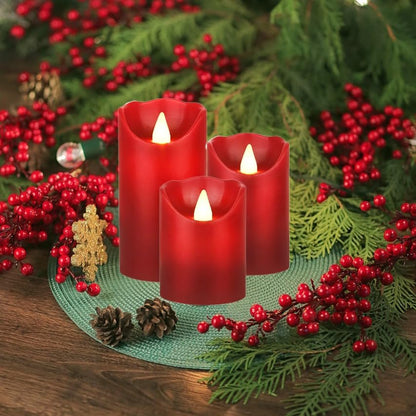 Flameless Battery Operated LED Candles with10key Button Remote Control 24-Hour Timer Set of 3 Electric Flickering Pillar Real Wax，Wedding, Party, Home Decoration (Red)