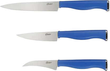 Oster Langmore 15-Piece Stainless Steel Cutlery Knife Block Set with Classic Blue Handles – Full Kitchen Knife Set in Black Storage Box