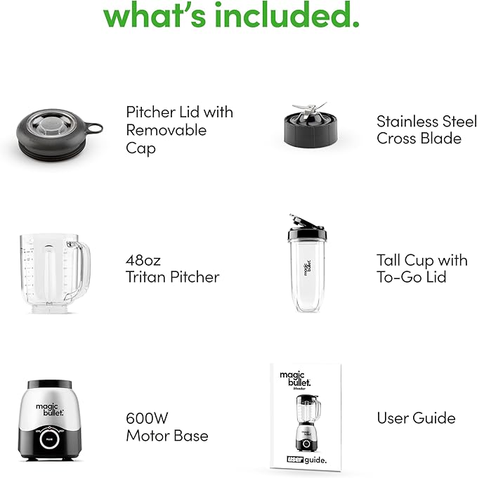 Magic Bullet® Combo Blender, 600W, 48oz Pitcher, 16oz Cup with To-Go Lid, Easy Cleaning, Cross Blade, for Smoothies, Sauces, Shakes, Salsa, Hot Blends, Silver, MBF50200