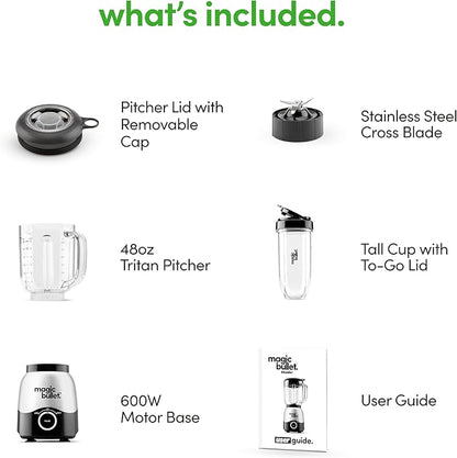 Magic Bullet® Combo Blender, 600W, 48oz Pitcher, 16oz Cup with To-Go Lid, Easy Cleaning, Cross Blade, for Smoothies, Sauces, Shakes, Salsa, Hot Blends, Silver, MBF50200