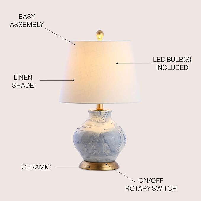 JONATHAN Y 20.5" Blue/White Marbleized Ceramic Table Lamp, Contemporary Traditional Bedside Lamp for Living Room, Gold Accents, White Linen Empire Shade, LED Bulb Included JYL3007A
