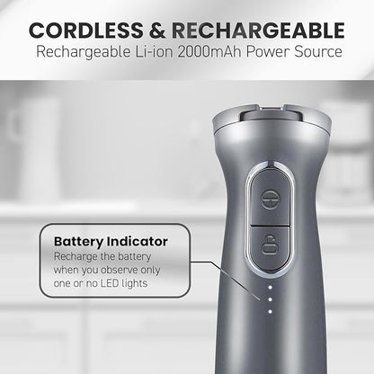 Elite Gourmet EHB1324 Cordless, Rechargeable Hand Blender, Variable 5-Speed Blending, One-Touch Power Button & Safety Lock, Stainless Steel Blades, Portable, Sauces, Soup, Smoothies, Baby Food, Gray