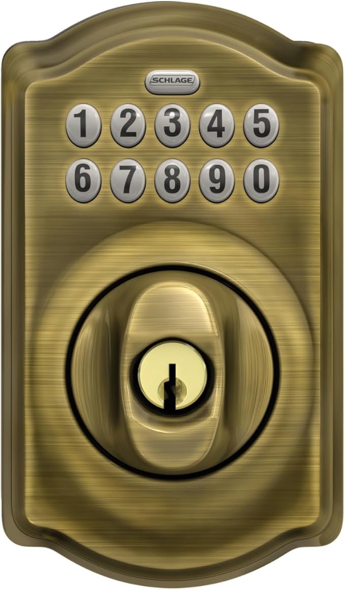 Schlage BE365 CAM 609 Camelot Keypad Deadbolt, Electronic Keyless Entry Lock, Antique Brass