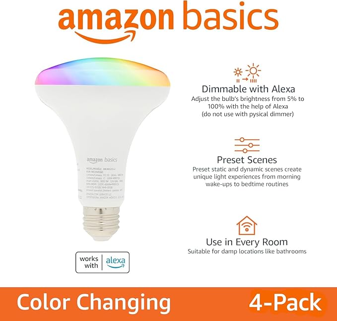 Amazon Basics Smart BR30 LED Light Bulbs, Color Changing, 9W (60W Equivalent), 800LM, Energy Efficient, Voice Control, Works with Alexa Only, 2.4 GHz Wi-Fi, No Hub Required, 4-Pack