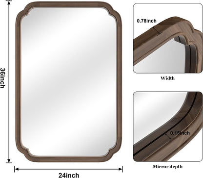 WallBeyond Wood Bathroom Mirror for Wall Mounted with Rounded Corner Wood Frame for Entryway, Living Room or Bedroom Home Decor Vertical or Horizontal Hanging [24" x 36" Walnut Color]