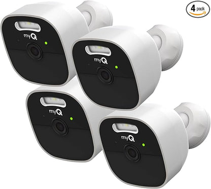 myQ Outdoor Battery Camera | 2K Camera, Color Night Vision, Spotlight, Motion Alerts, Live View with Two-Way Talk, Wireless, Weather-Resistant, Outdoor, White, 4 Pack