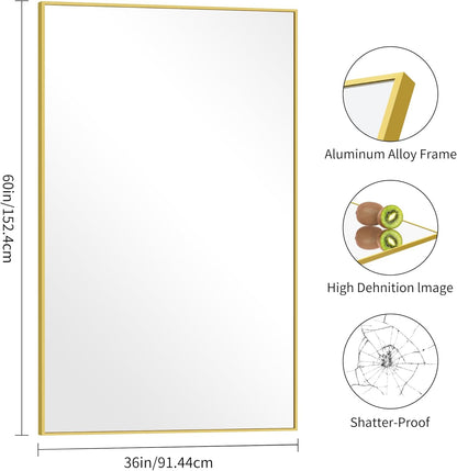 Gold Bathroom Mirror for Wall, 60x36 Inch Rectangle Mirrors with Metal Frame, Modern Vanity Wall Mirror Decor for Bathroom Living Room, Entryway Hangs Horizontal or Vertical