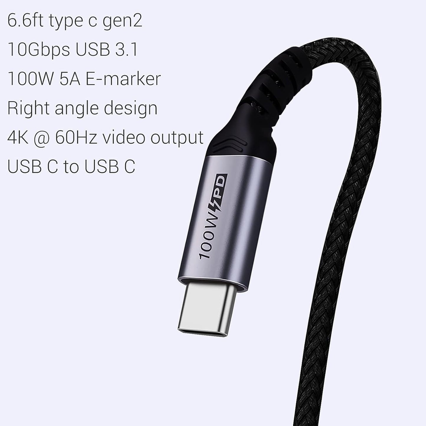 USB C to USB C Cable 100W,[2-Pack 6.6ft Right Angle] USB 3.1 Fast Charging Cord 90 Degree 20V/5A Type C PD Cable Compatible for iPhone 15/15 Plus/15 Pro/15 Pro Max/MacBook Pro 2022