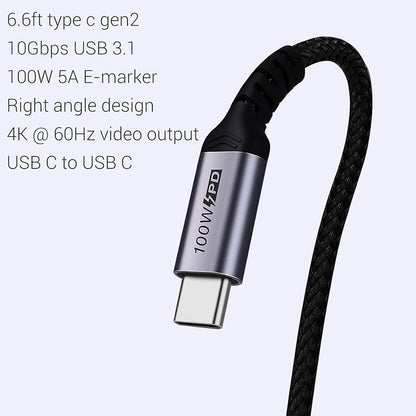 USB C to USB C Cable 100W,[2-Pack 6.6ft Right Angle] USB 3.1 Fast Charging Cord 90 Degree 20V/5A Type C PD Cable Compatible for iPhone 15/15 Plus/15 Pro/15 Pro Max/MacBook Pro 2022