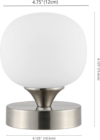 JONATHAN Y 6.13" Nickel/White Modern Cordless Rechargeable LED Table Lamp, Frosted White Glass Shade, Touch Dimmable Mini Accent Light for Bar, Bedroom, Nightstand (JYL7112B)