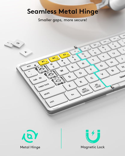 Samsers Foldable Bluetooth Keyboard with Touchpad, Full-Size Wireless Folding Keyboard with PU Leather, Portable Travel for iOS Android Windows Mac OS, Support 3 Devices (BT5.1 x 3), Silver