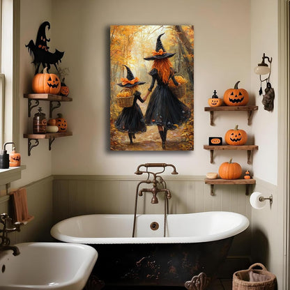 Mother Witch And Child Daughter Witch Wall Art,Halloween Autumn Woodland Forest Path Picture,Family Room Nursery Playroom Kids Room Decor,20"x30" Unframed