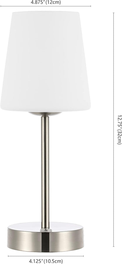 JONATHAN Y 12.75" Nickel Modern Rechargeable Cordless LED Table Lamp, Mini Portable Dimmable Touch Accent Lamp for Bedroom Vanity with Frosted White Glass Shade JYL7110A
