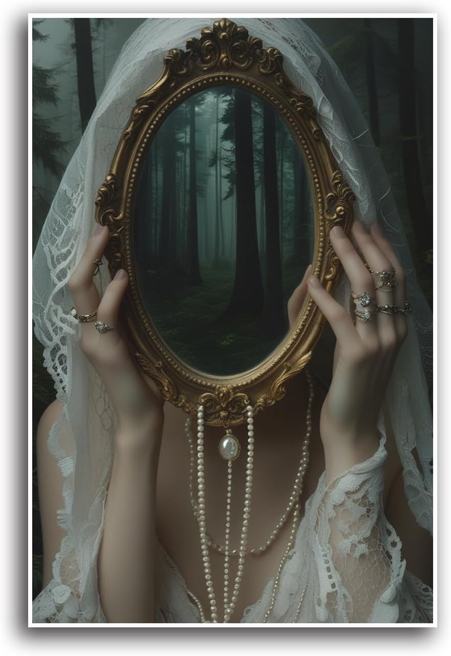 Mirror face covering dark art poster print melancholy gothic painting vintage feminine print victorian style decoration antique art20x30in Frameless