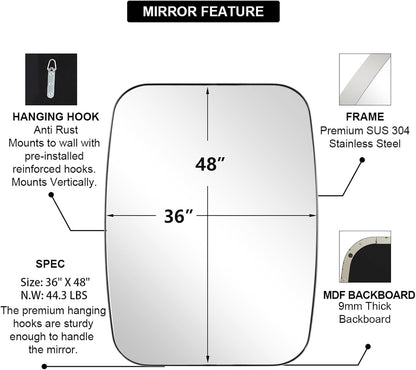 ANDY STAR Chrome Oblong Mirror, 36x48 Inch Polished Chrome Oval Mirror for Bathroom with Stainless Steel Metal Frame, Wall Mouned for Bathroom, Living Room, Entryway