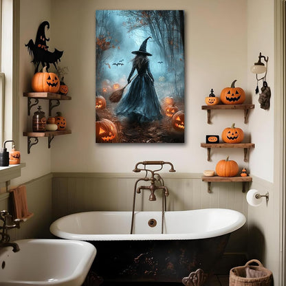 Vintage Moody Halloween Witch Artwork Wall Decor,Spooky Halloween Gothic Canvas Artwork Creepy Horror Witch with A Broom Pumpkin Bats Rustic Forest Picture,Dark Academia Poster,24"x36" Unframed